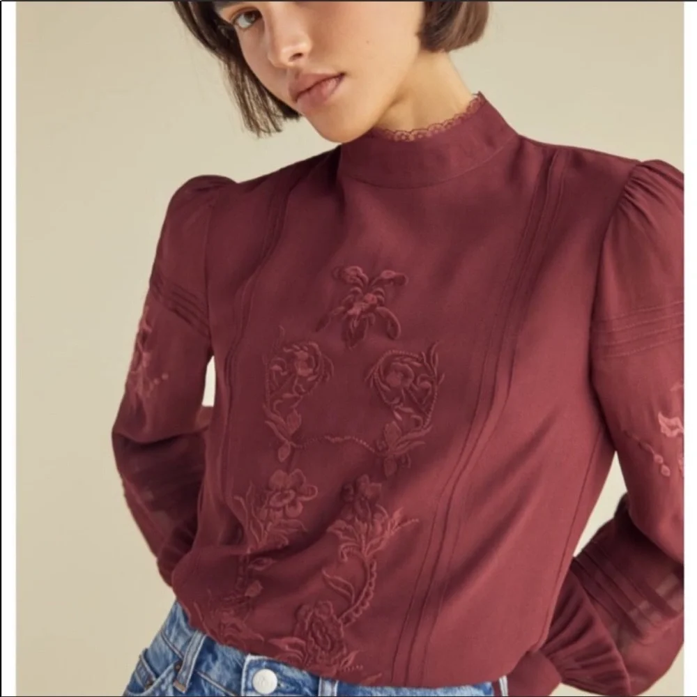 Reformation Burgundy Embroidered High-Neck Blouse